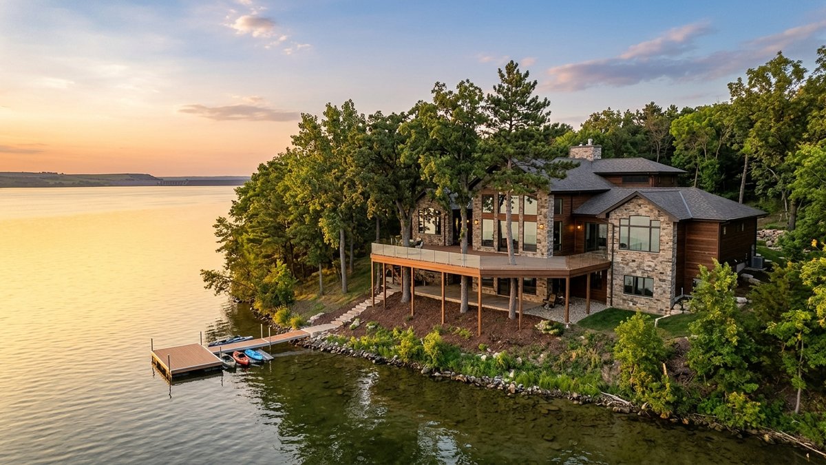 Polished lake-area home exterior near Lewis and Clark Lake. Useful for lake buyer and lifestyle posts.
