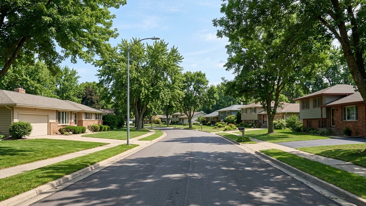Established Yankton neighborhood street with mid-century homes and mature trees. Useful for neighborhood and market posts.