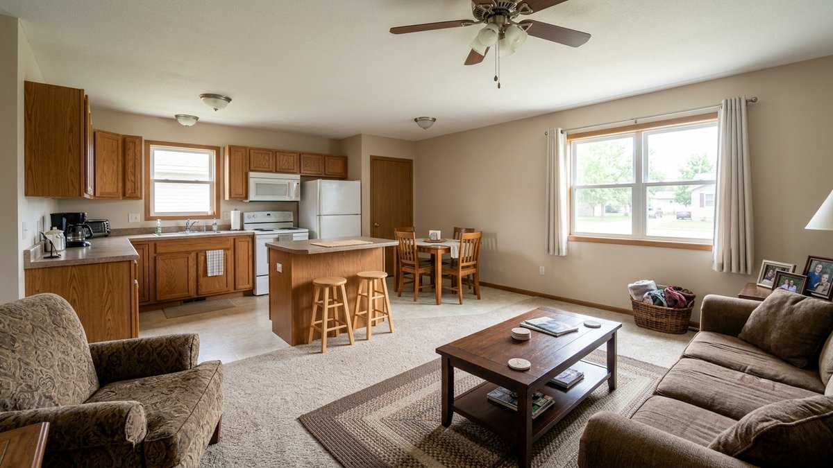 Ordinary Yankton home living room and kitchen in clear daylight. Useful for buyer and seller posts about condition, staging, and everyday home features.