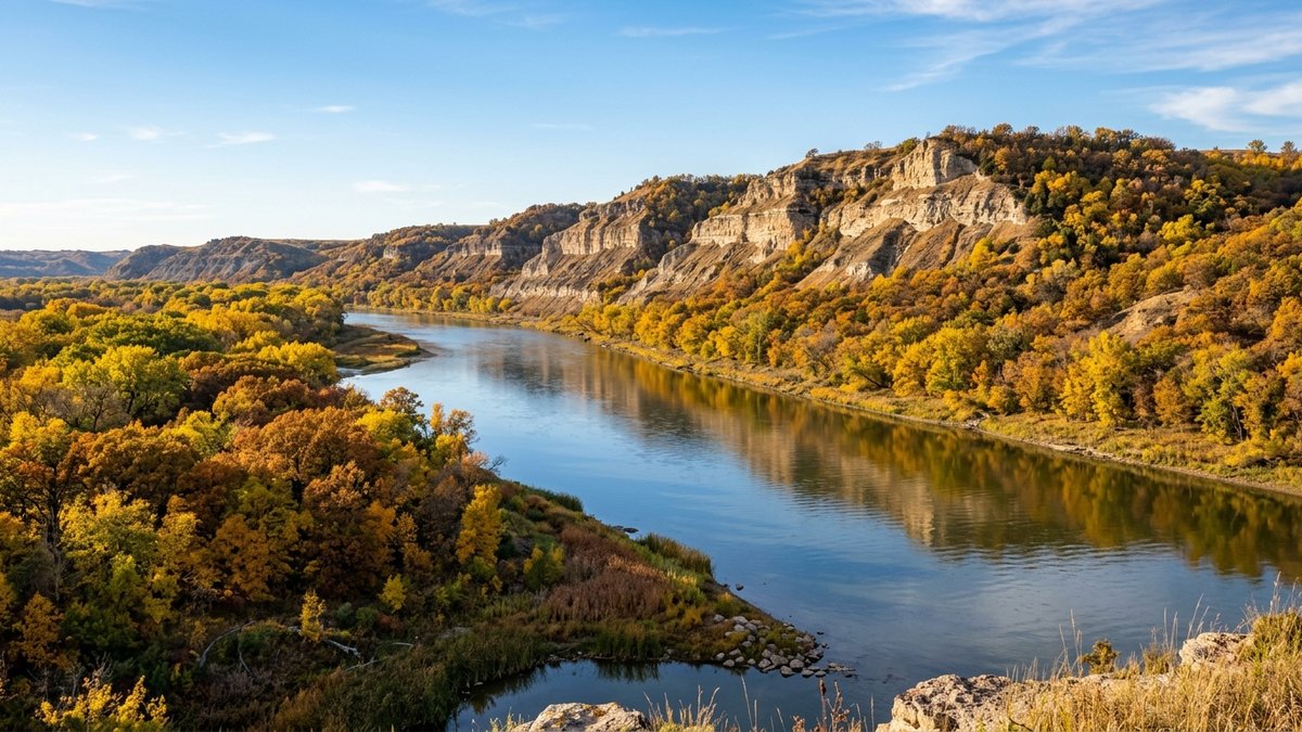 Missouri River bluffs near Yankton SD in autumn, cottonwoods turning gold, polished panoramic feel.