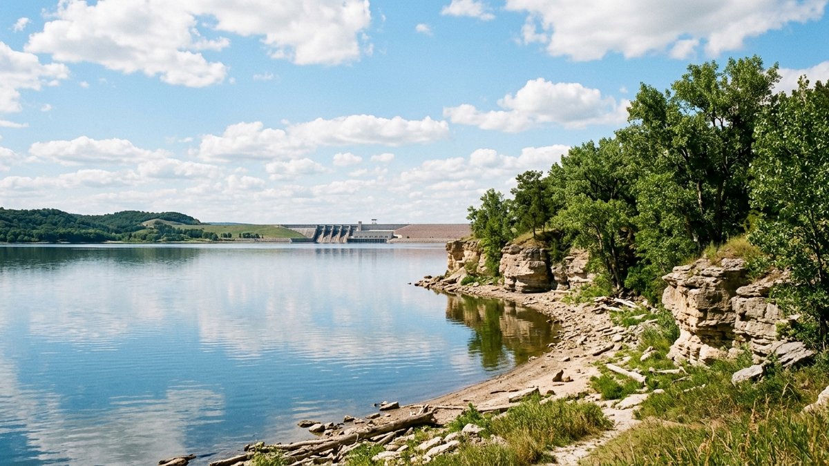 Lewis & Clark Lake shoreline near Gavins Point Dam, Yankton SD - calm water, cottonwoods on the bank, casual daylight.