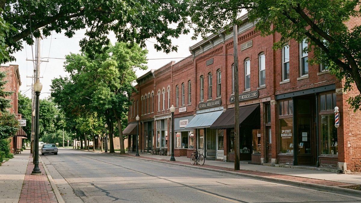Historic 3rd Street in downtown Yankton SD - late-1800s brick storefronts, mature trees, casual daylight.