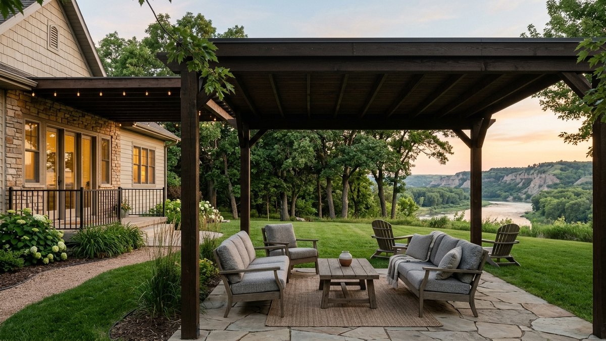 Editorial covered patio with Missouri River area feel.