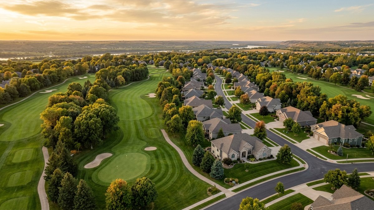 Editorial aerial of Fox Run style golf-area homes.