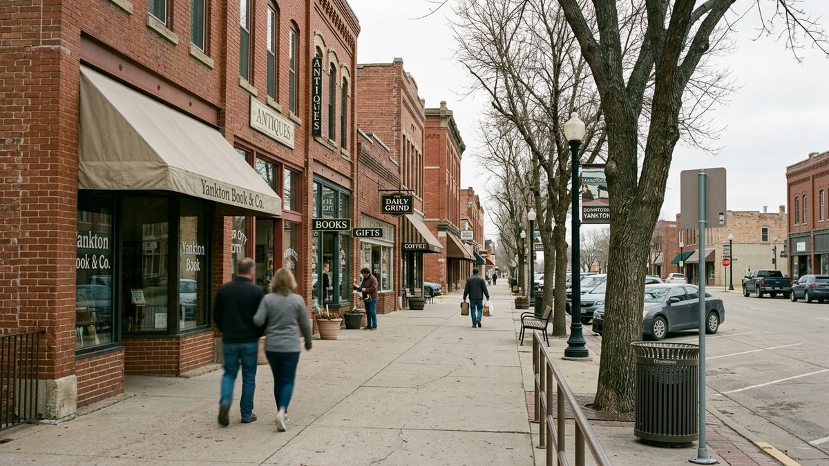 Documentary downtown Yankton sidewalk scene with natural local texture.
