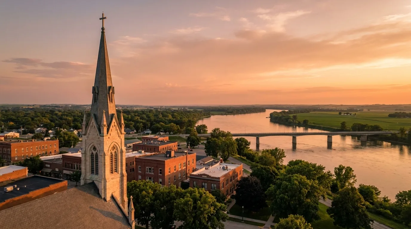 Sacred Heart Catholic Church steeple over downtown Yankton at sunset