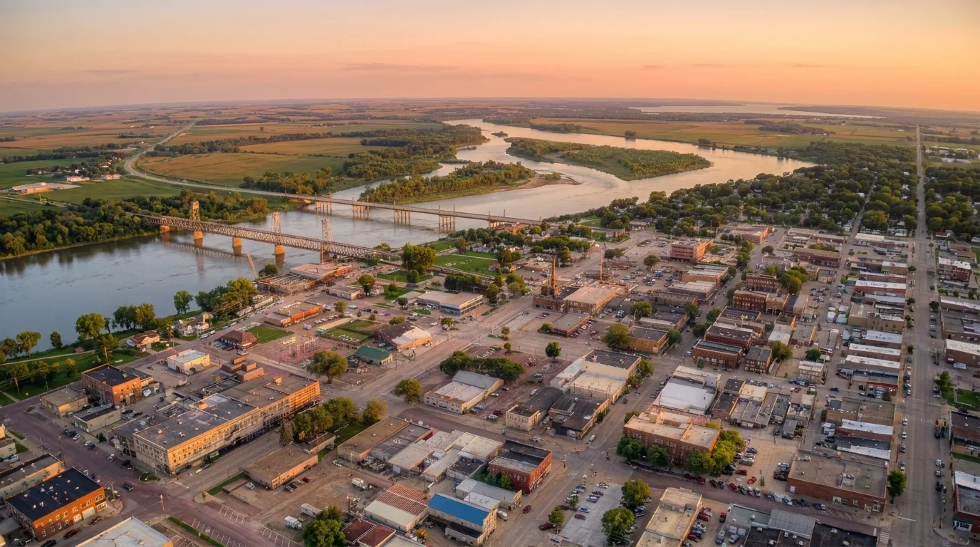 Downtown Yankton and the Missouri River at sunset